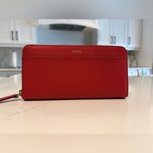 Fossil Red Leather Wallet Zip-Around
